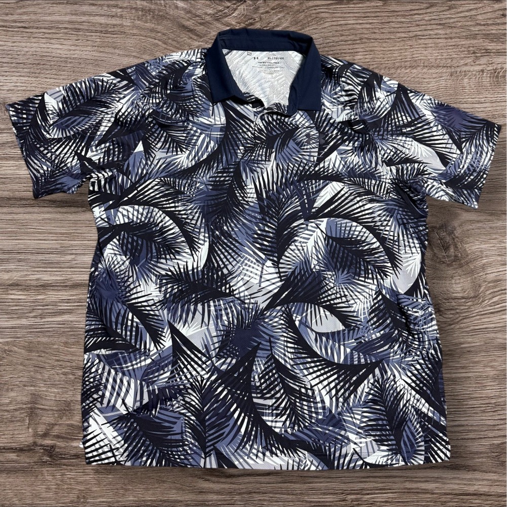 Under Armour Polo Shirt Men's XL Iso Chill Printed Blue Leaf‎ Preppy Coastal